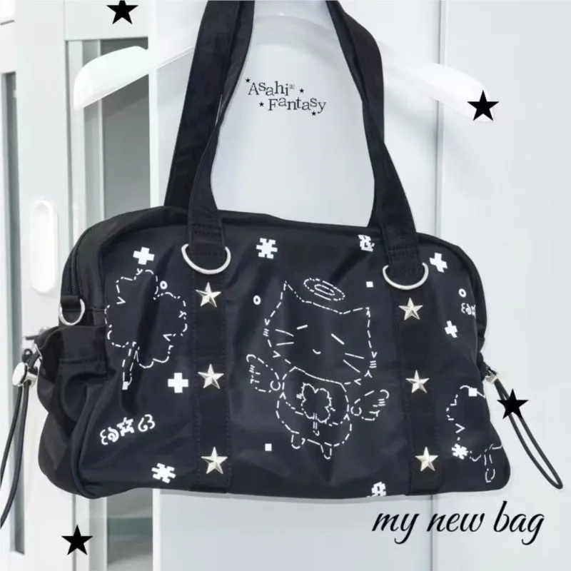 JIAERDI Sweet Cute Cat Black Handbag Purse Hot Girls Nylon Transparent Ita Bag Student Harajuku Aesthetic Shoulder Bags Women