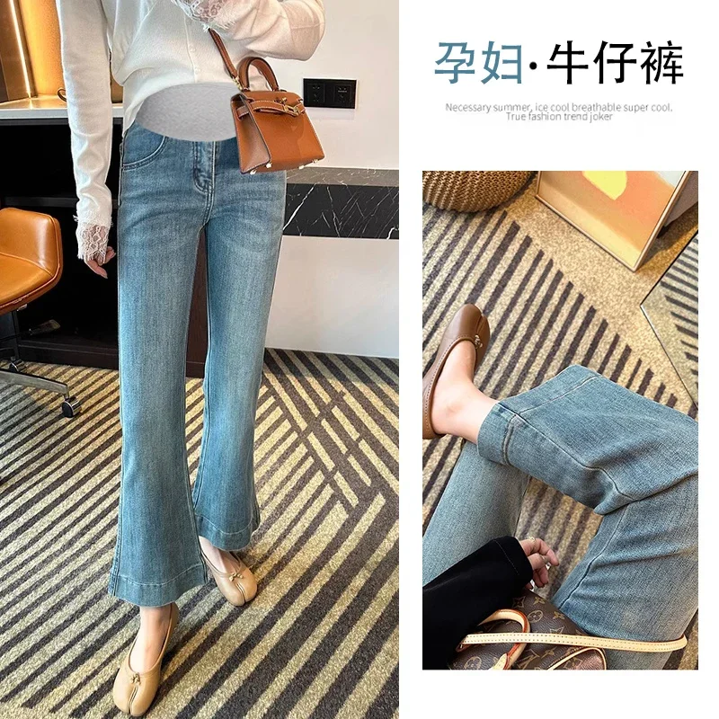 Stretch Denim Maternity Flared Cropped Jeans Spring Summer Belly Pants Clothes Pregnant Women Pregnancy Slim Trousers maternity jeans