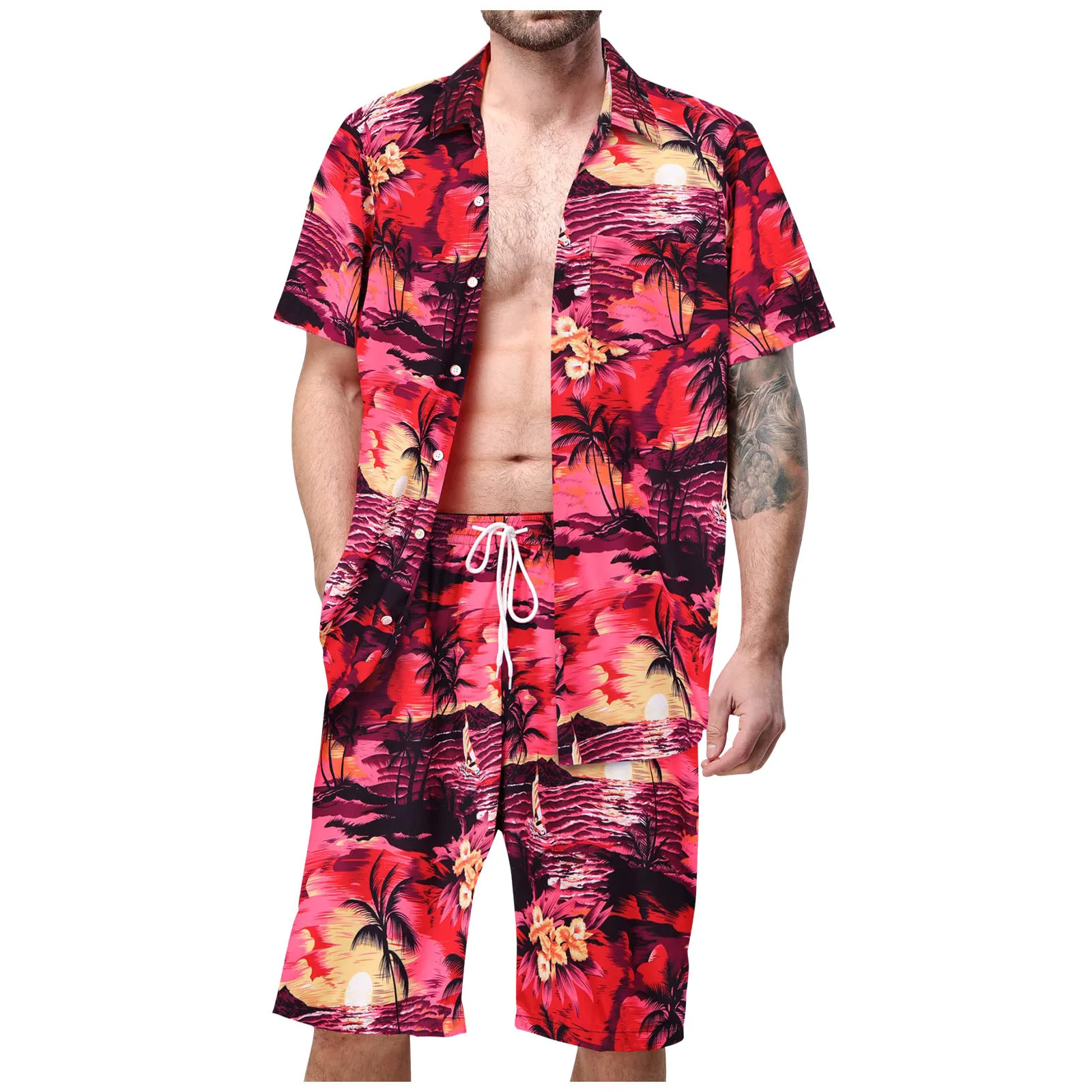 thumbnail image 1 of Conjuntos de camisas para hombre, estampado 3D, retazos, solapa, camisa informal de manga corta, pantalones cortos de playa de gran tamaño, ropa de calle de verano, trajes hawaianos, 1 of 5