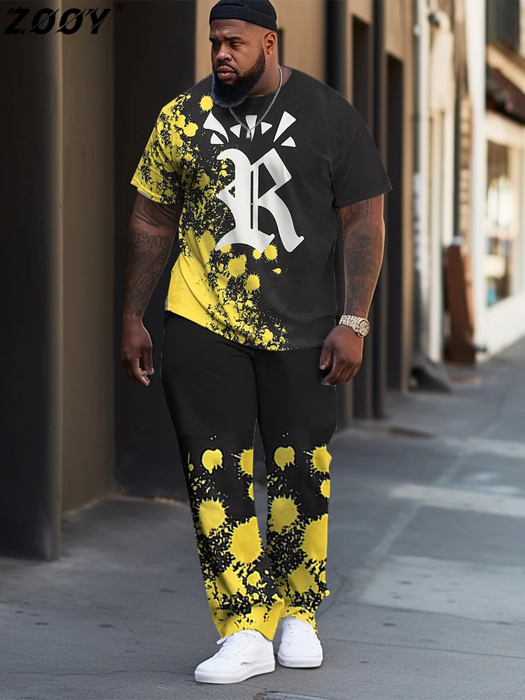 

ZOOY(L-9XL)Large Size T-Shirt Suit Trend Bear Hip-Hop Color Matching Abstract Casual Long-Sleeved T-Shirt Sweatpants Suit
