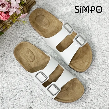 Fashionable Artificial Leather Double Buckle Men's Sandals With Cork Retro Open Toe Comfortable Flat Heel Women's Slippers 1