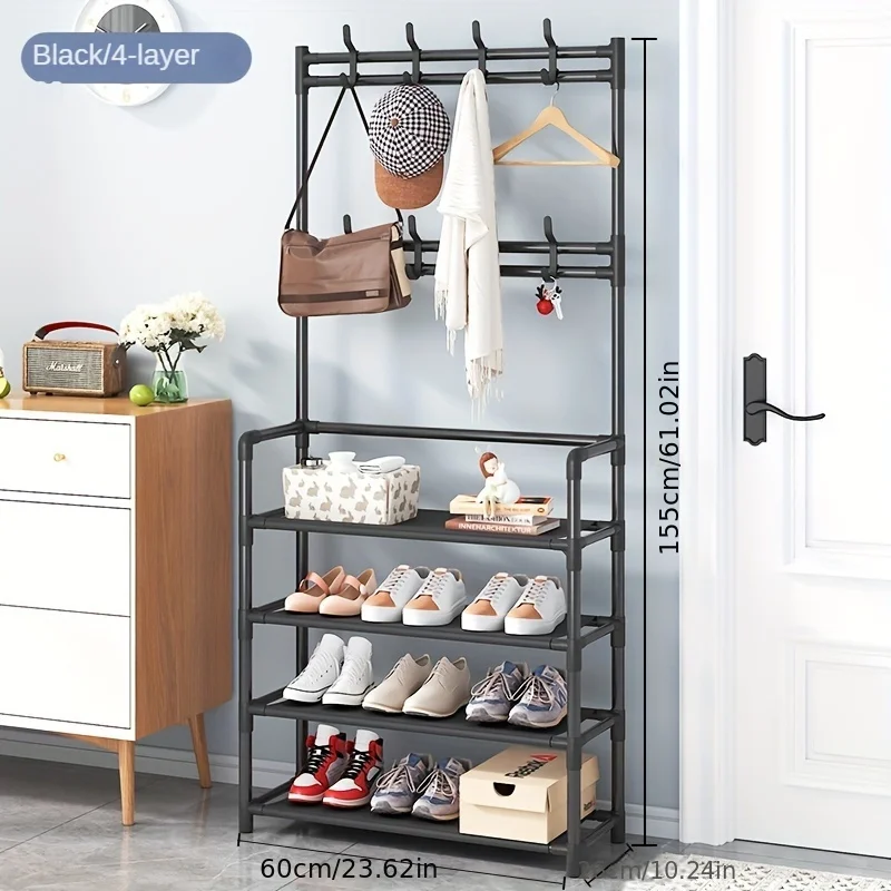 4/5-Tier Metal Coat and Shoe Rack with 8 Hooks ,for Living Room, Bedroom, Office, Shoe Storage Organizer, Shoe Storage Organizer