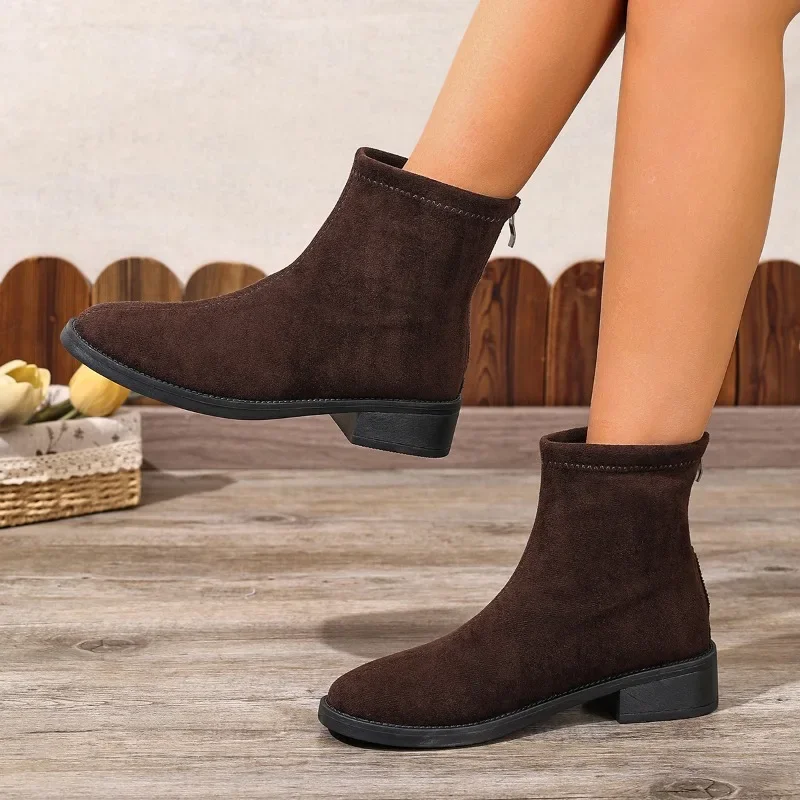 Suede Women's Boots Retro Fashion Women's Short Boots 2025 Autumn and Winter Single Boots Thick Heel Slim Womens Shoes