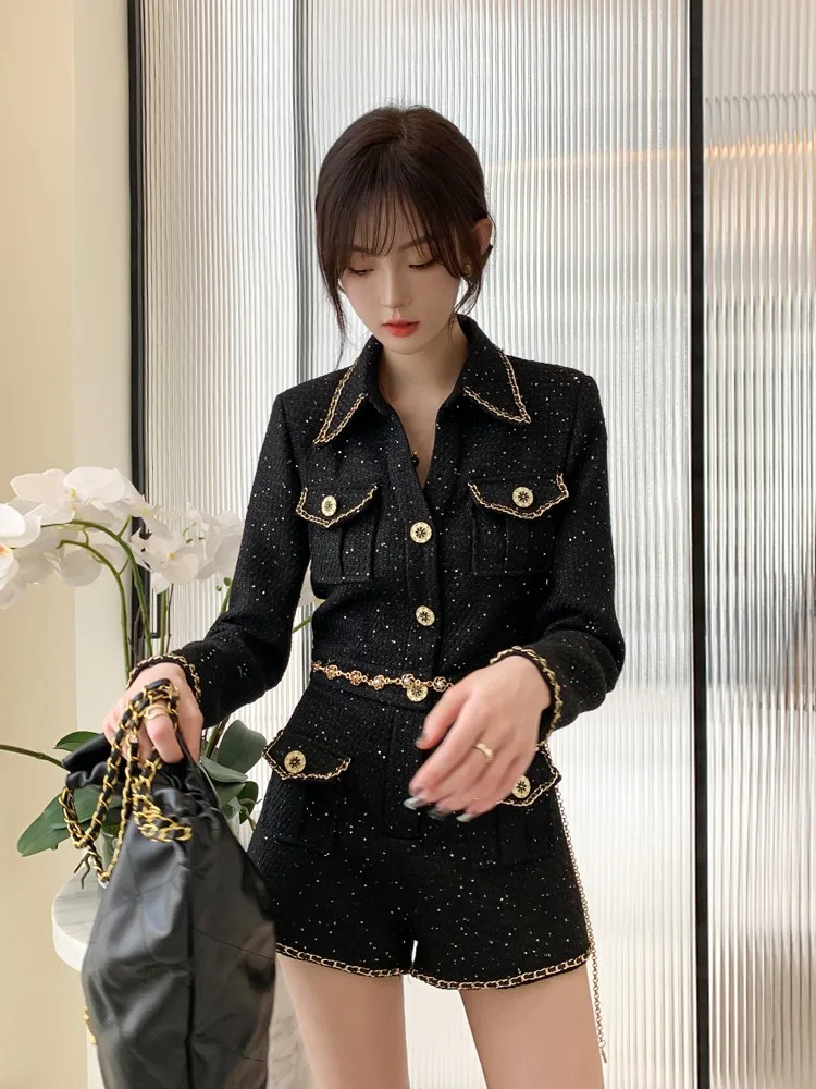Office Ladies Elegant Black Tweed Playsuits Slim Long Sleeve