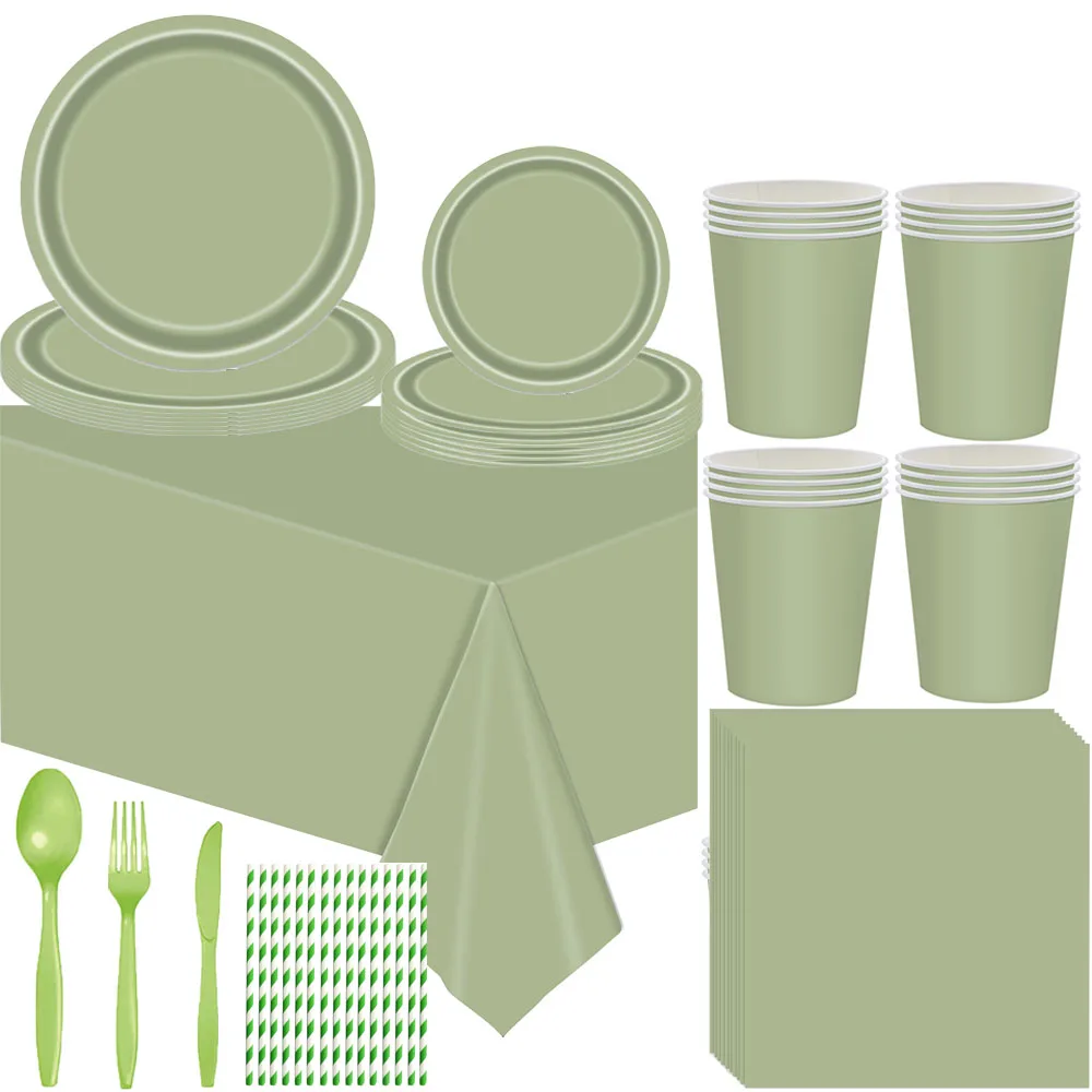

Solid Color Sage Green Party Supplies Disposable Tableware Jungle Safari Paper Cup Plate Napkin Tablecloth for Kids Baby Shower