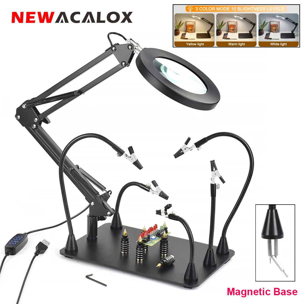 NEWACALOX Soldering Work Station with 5PC Magnetic Flexible Arm PCB Clip 5X LED Illuminated Magnifier Welding Helping Hands Tool