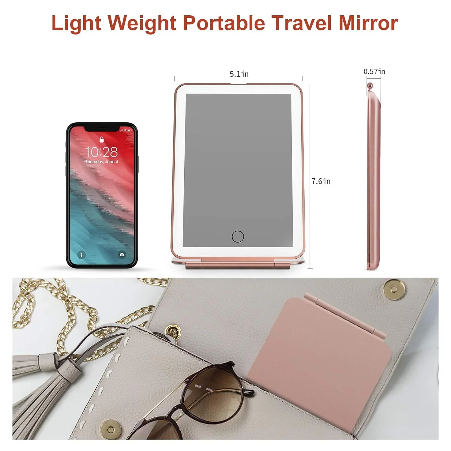 LED Foldable Travel Makeup Mirror 3 Colors Light Modes USB Rechargeable Touch Screen Portable Tabletop Cosmetic Mirror Handheld 5