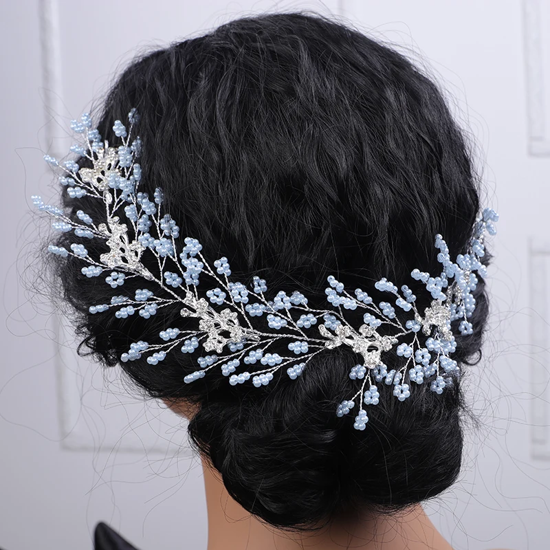 Luxury Handmde Blue Green Pearl Rhinestone Bridal Headband Women Headpiece Guest Wedding Headdress Hair Accessories Party Tiaras