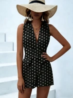 Women's Romper Black Polka Dot Sleeveless Deep V Neck Short Wide Leg Playsuit Casual Spring Summer Beach Vacation Party Jumpsuit - Image 5