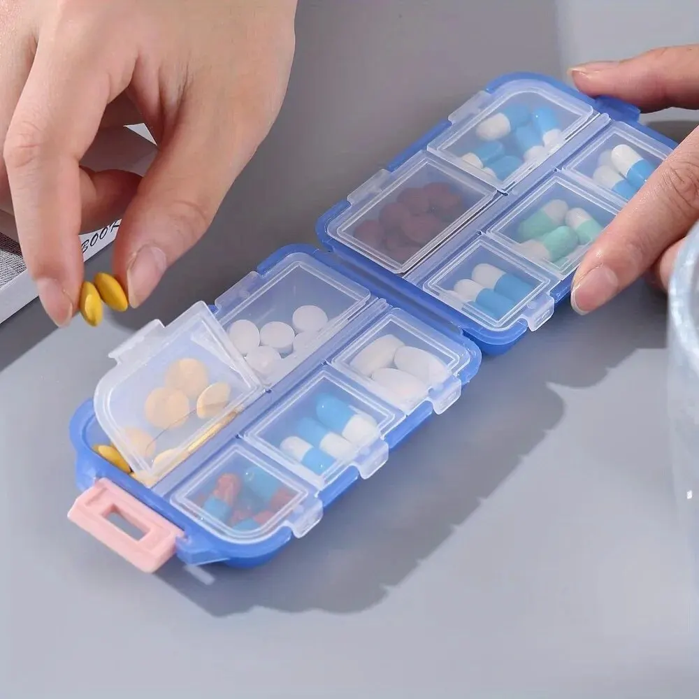 Portable Compact Pill Organizer with 10 Compartments and Customizable Medicine Stickers