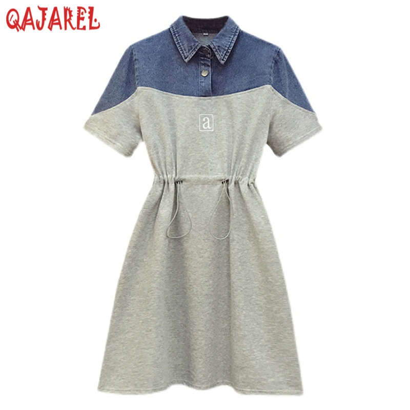

Summer Black Knitted Cotton Patchwork Denim Polo Collar Midi Dress Women Kroean Vintage Casual Dress 2024 Elegant Bodycon Dress
