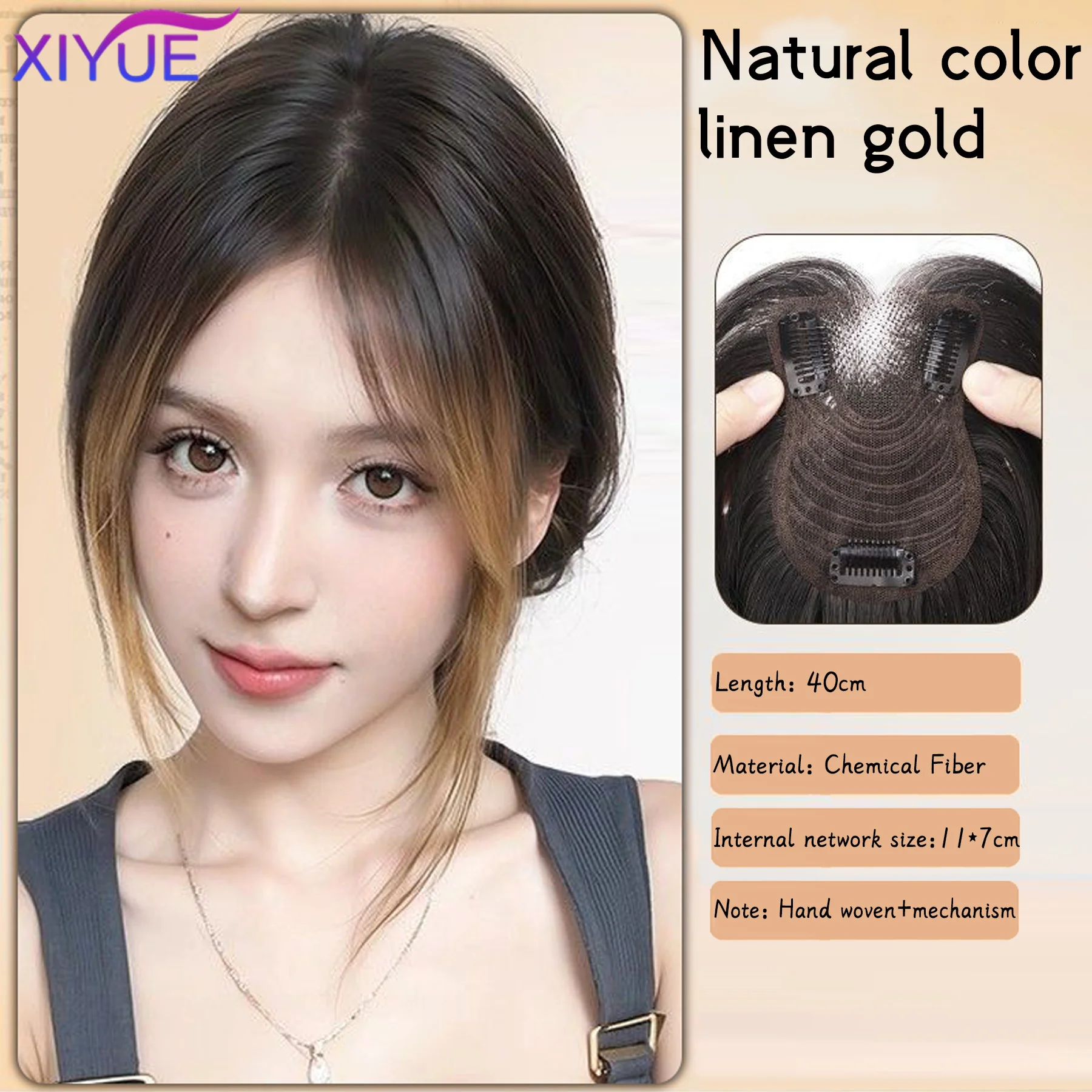 Synthetic Middle Flax gold Part Topper Hairpiece with Bangs Clip-In Bangs Extension Natural Invisible Clourse Hairpiece for Wome