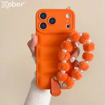 Luxury Down Jacket Pearl Fluffy Lanyard Phone Case For iPhone 17 Air 16 15 14 13 12 11 Pro Max Plus X XR XS Soft Silicone Cover 1