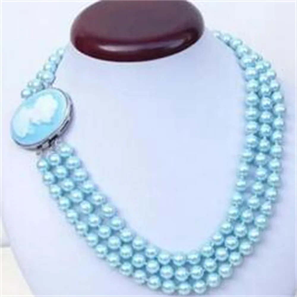 Beautiful 3 row natural 8mm Blue Sea shell pearl necklace 17\