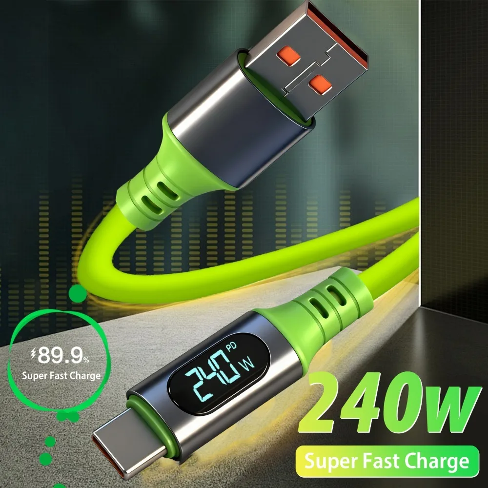 PD 240W USB A to C 케이블 전력 표시 기능이 있는 고속 충전기 아이폰 17 16 15 삼성 안드로이드 듀얼 타입-C 전송 코드
