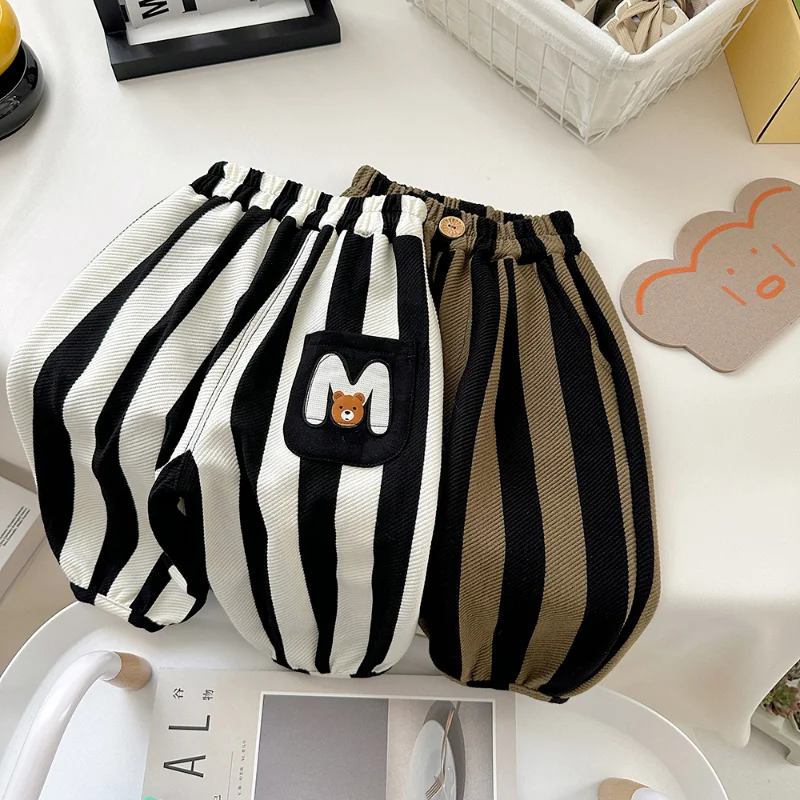 

Children Clothing Summer Letter Striped Printed Korean Version Casual Loose Spliced Button Pocket Mosquito Proof Cropped Pants