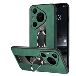Sheepskin Leather Magnetic Ring Holder Case with Magsafe Compatibility and Wireless Charging Capability for Huawei Pura 80 Ultra (Green)