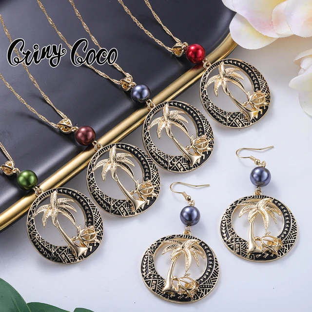 Cring Coco Coconut Tree Pendant Necklace Set New Desiner Samoan Earrings  Polynesian Wholesale Hawaiian Jewelry Sets for Women - AliExpress