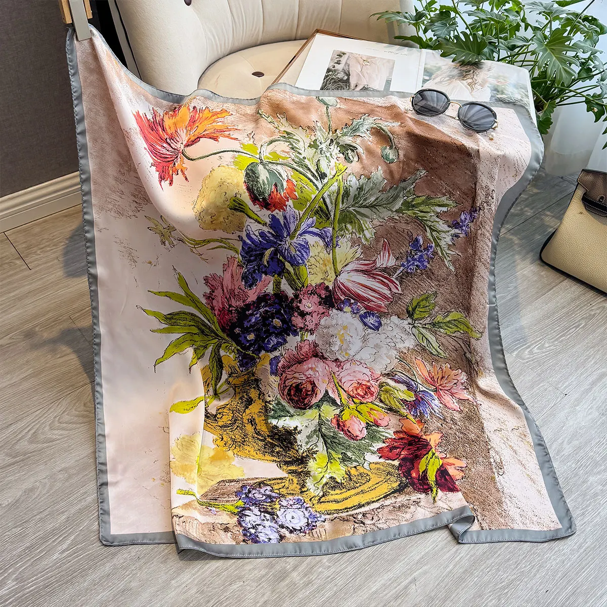 Spring and Summer Floral Design 90*90cm Women Scarf Sunscreen Foulard Shawl Hijab Female Hair Hijab Wraps Neckerchief Bandanda