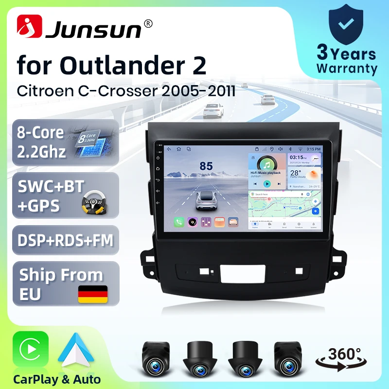 Radio de coche Junsun con CarPlay inalámbrico y Android Auto para Mitsubishi Outlander Mk2 / Citroen C-Crosser 2005-2012, ventilador de refrigeración integrado, navegación GPS Android, reproductor multimedia, WiFi, DSP, RDS, BT, SWC, pantalla táctil IPS, autoradio, reproductor de vídeo, unidad principal estéreo. 1