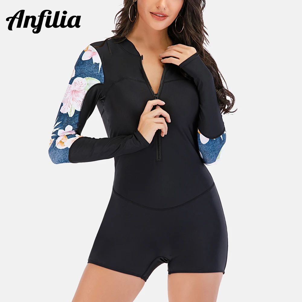 

Anfilia Women's One Piece Swimsuit Long Sleeve Surf Suit UPF50+ Boxer Wetsuit Conservative Swimwear