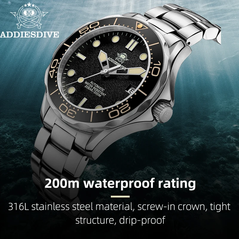 ADDIESDIVE 2023 Men Automatic Mechanical Watches Men's 316L Stainless Steel Super Luminous Sapphire glass 200m diving wristwatch
