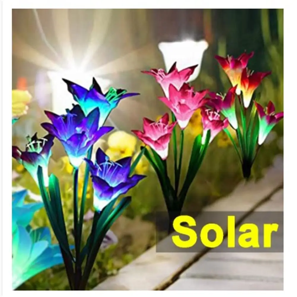 Outdoor Solar Gate Lights With 4 Lily Flowers Ip65 Waterproof Adjustable For Garden Pathway Patio Landscape Decor Backlight Lamp