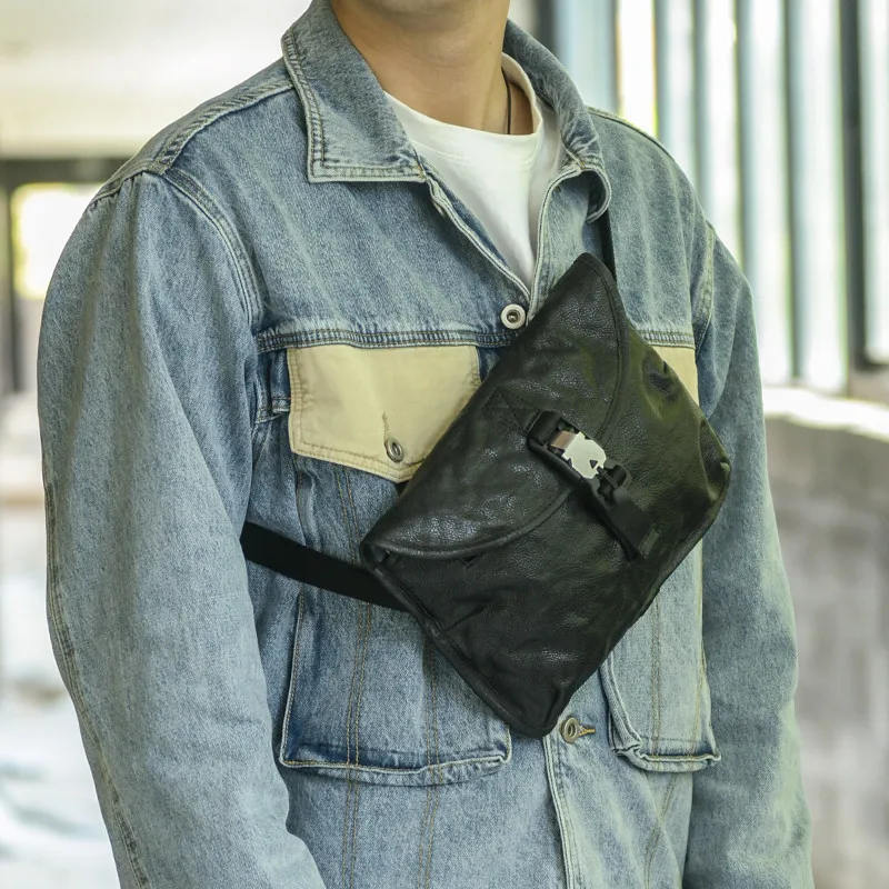 Fashion luxury genuine leather men daily outdoor chest bag casual first layer cowhide black sports lightweight messenger bag