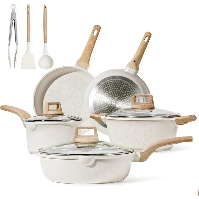 LISM Pots and Pans Set Nonstick, White Granite Induction Kitchen Cookware  Sets, 11 Pcs Non Stick