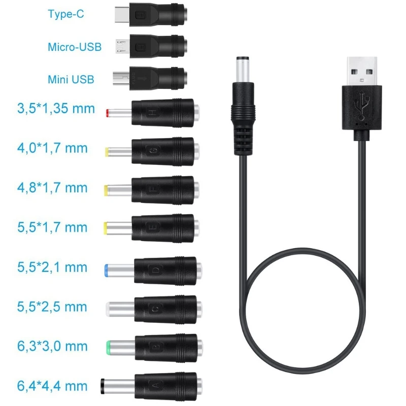 

11 in1 5V USB to 5.5x2.1mm 3.5mm 4.0mm 4.8mm 6.4mm 5.5x2.5mm Plug Power Dropship