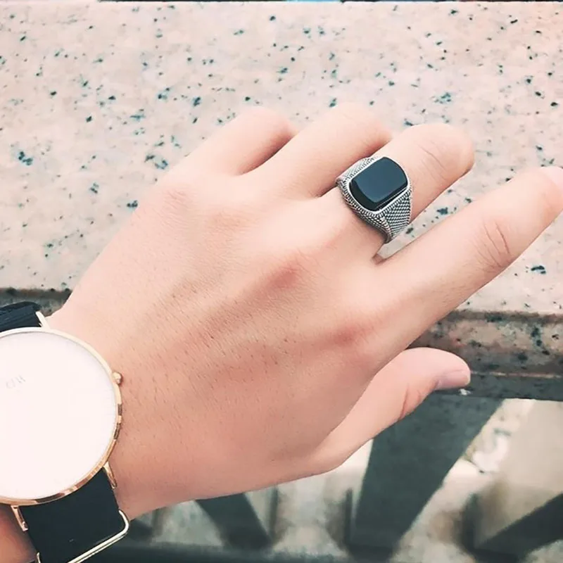 Silver Gemstone Ring New silver geometric diamond inlaid black agate gemstone men's lady adjustable ring