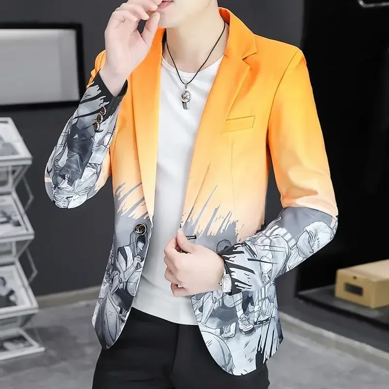 thumbnail image 1 of Blazer masculino con estampado de un solo pecho, chaqueta de traje para hombre, abrigo estampado blanco, novedad en ropa de verano, ropa masculina elegante y original, 1 of 4