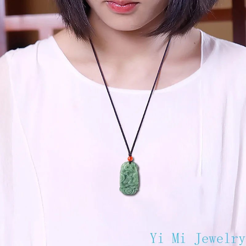 Natural A-grade Jade Pendant Bean Green Dragon Phoenix Brand Pair Set Couple Pendant Men's and Women's Jewelry Jade Necklace