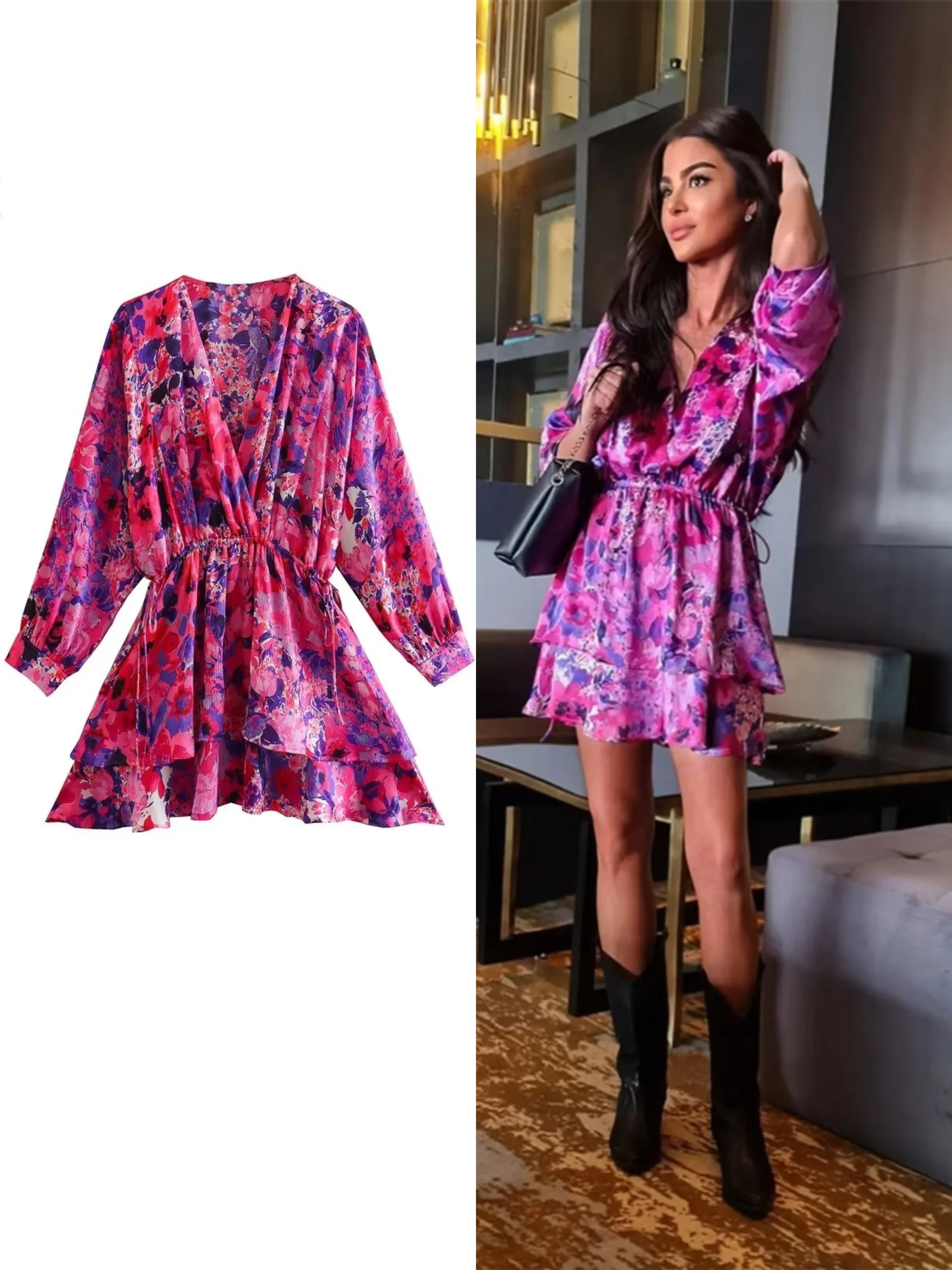 

Floral Printed Dresses For Women Summer V Neck Double Layer Ruffles Folds Mini A Line Dress Female Holiday Party Vestidos