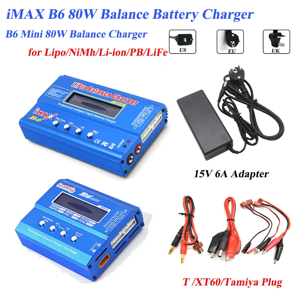 Ładowarka Akumulatorów Imax B6 80W Lipo Nimh Zasilacz Litowo-Jonowy Ni-Cd Cyfrowy Rozładowarka Rc T/Tamiya/Xt60 Wtyczka 15V 6A Adapter