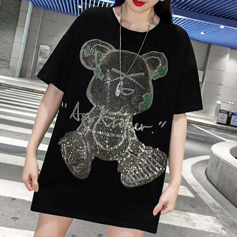 Harajuku Bear Cartoon Loose Beading T-Shirt Women's Short Sleeve Mid-Length Korean Top Y2K Top Oversized T Shirt