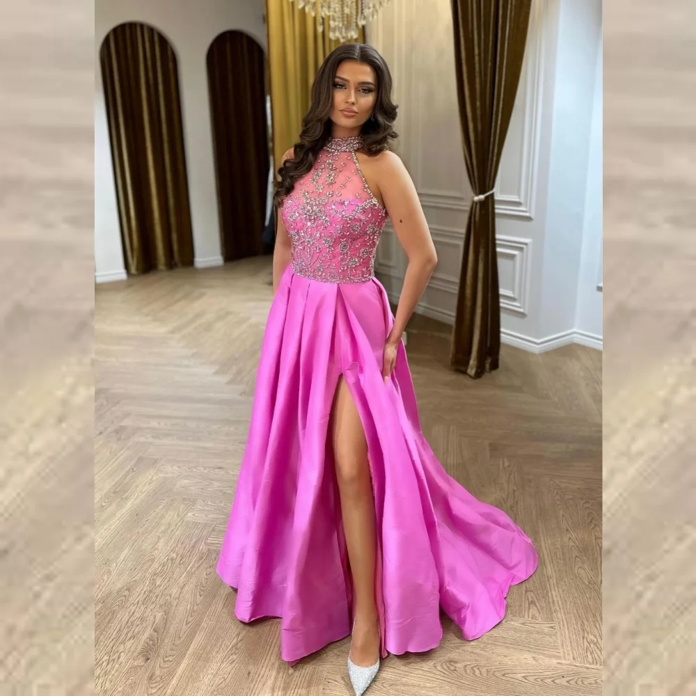 Satin Beading Draped Engagement A-line High Collar Bespoke Occasion Gown Long Dresses