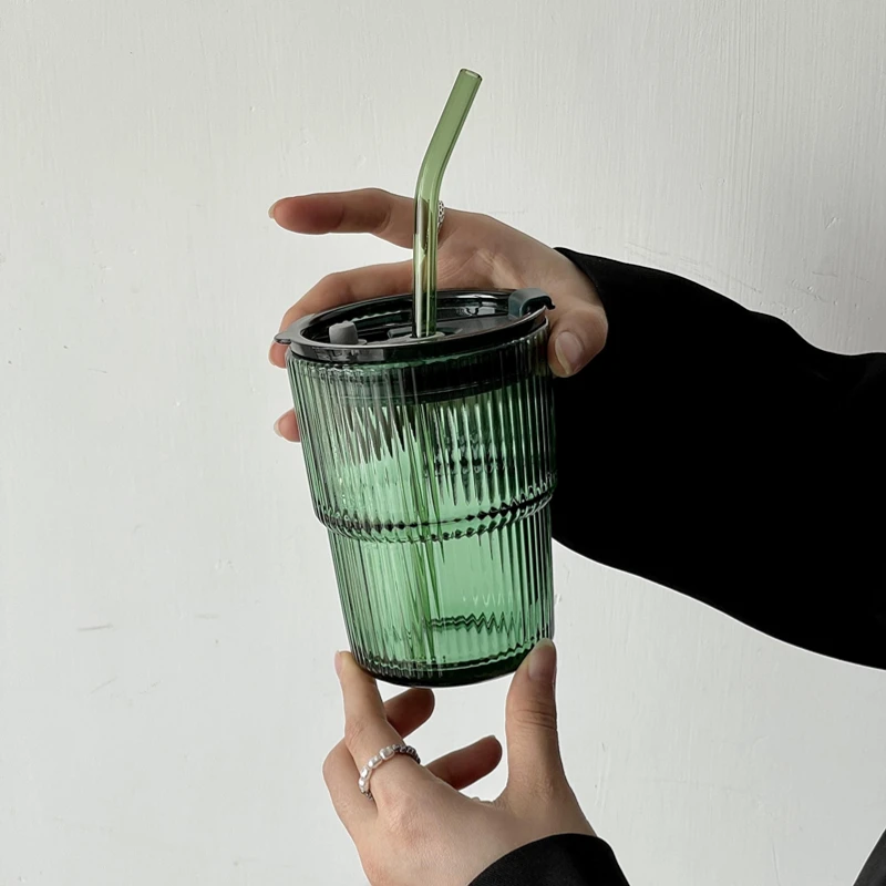 Green Retro Striped Straw Glass Portable Water Cup Juice Cup Coffee Large Capacity With Lid And Straw Office Home Tools glass water cup