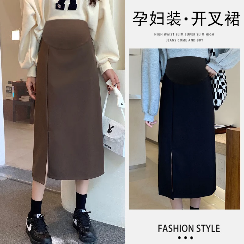 3325# Autumn Winter Fashion Knitted Maternity Skirts Elastic Waist Belly A Line Clothes for Pregnant Women Pregnancy Pencil Slim