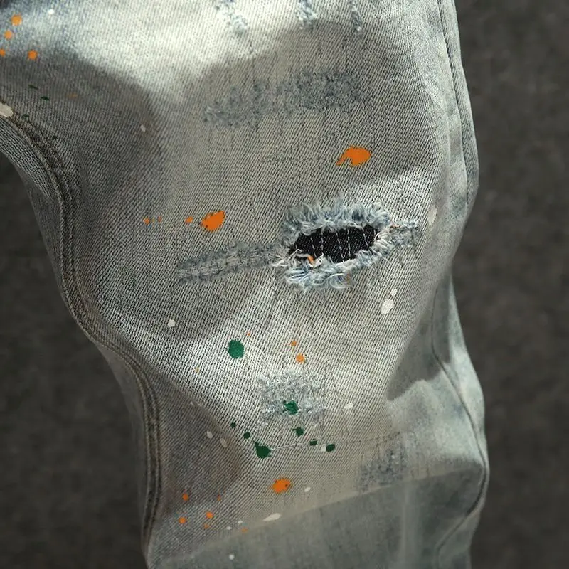 Kpop Korean Style Men's men jeans ripped jeans Designer Clothes Washed Paint Splatter Ripped Distressed Cotton Trousers