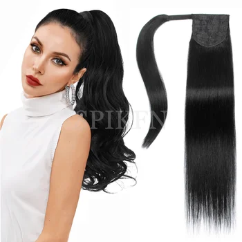 SPIKFN Human Hair Ponytail Extensions Straight "14-22" Real Natural Brazilian Dark Brown Remy Wrap Clip In Human Hair Extension