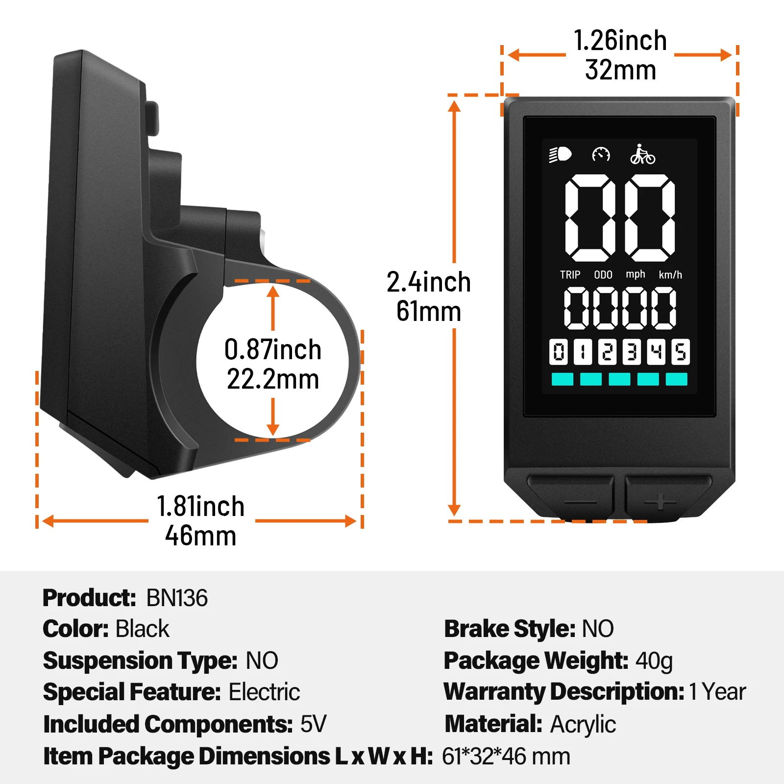 BAFANG eBike LCD Display BN136 5-Pin Mid Drive Motor BBS01 BBS02B BBSHD Conversion Mid Motor with UART Computer Display Protocol 4