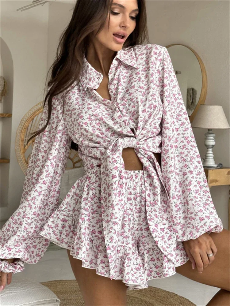 Printed Lace-Up 2 Piece-Set Shorts Outfits Female Lapel Contrast Patchwork Top Cardigan And High Waist Women's Shorts Sets 1 Printed Lace-Up 2 Piece-Set Shorts Outfits Female Lapel Contrast Patchwork Top Cardigan And High Waist Women's Shorts Sets