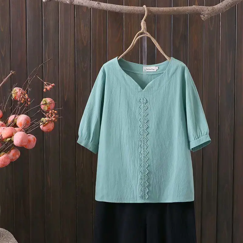 

Женские свободные рубашки из хлопка и льна, рубашка с коротким рукавом и V-образным вырезом, однотонный пуловер, блузки, Новинка лета 2024, F60