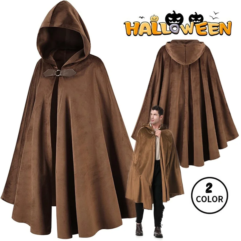 Men's Medieval Renaissance Hooded Cape Velvet Cloak Victorian