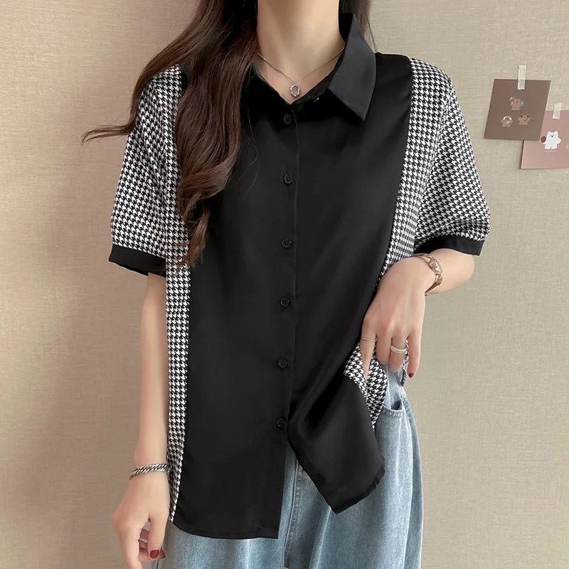 XL-4XL Large Size Houndstooth Shirts Women Summer Fashionable Patchwork Check Lapel Blouses Oversize Short-sleeve Cardigan Top