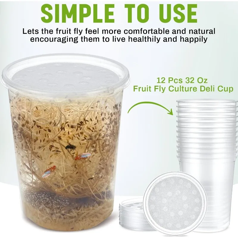 12 Sets of 32 oz Plastic Fresh Fruit Fly Culture Insect Culture Cups with Vented Fabric Lids Insect Container