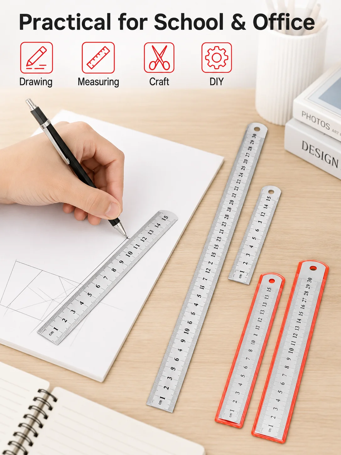 Premium Stainless Steel Ruler Set with Protective Sleeves - 3 Piece Edition (15cm, 20cm, 30cm)