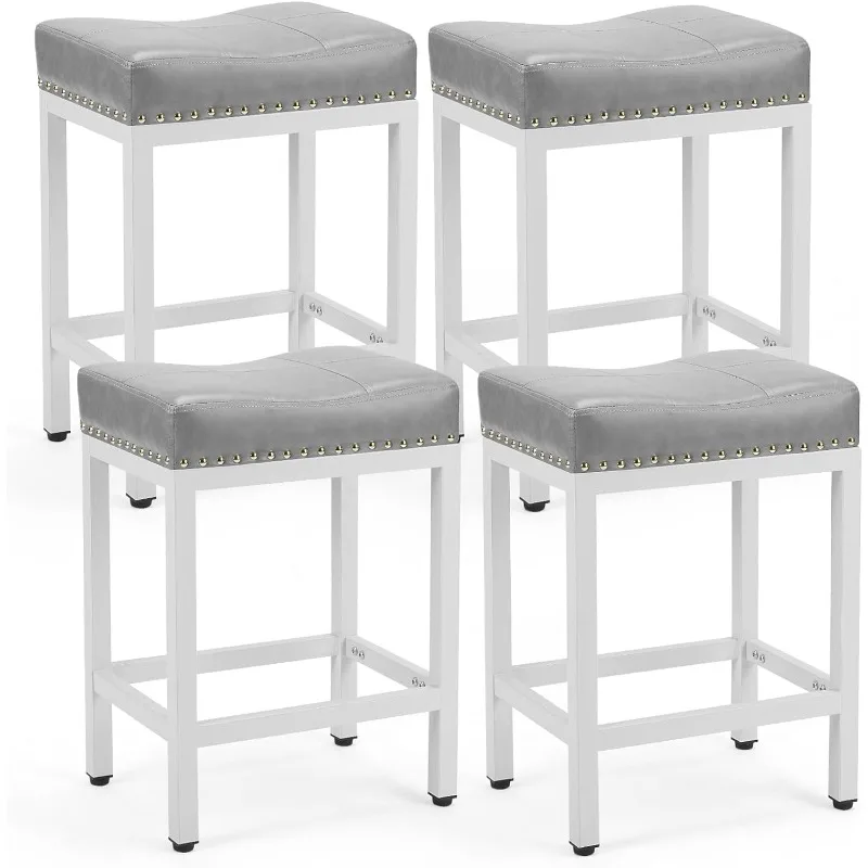 

Bar Stools Set of 4， 24 inch Counter Height Bar Stools, Upholstered Modern Kitchen Barstools with Metal Base, PU Leather Saddle