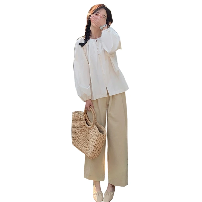 Spring Maternity Clothes Set Long Sleeve Brief Shirts Drawstrign Waist Pants Twinset Loose Casual Pregnant Woman Twinset